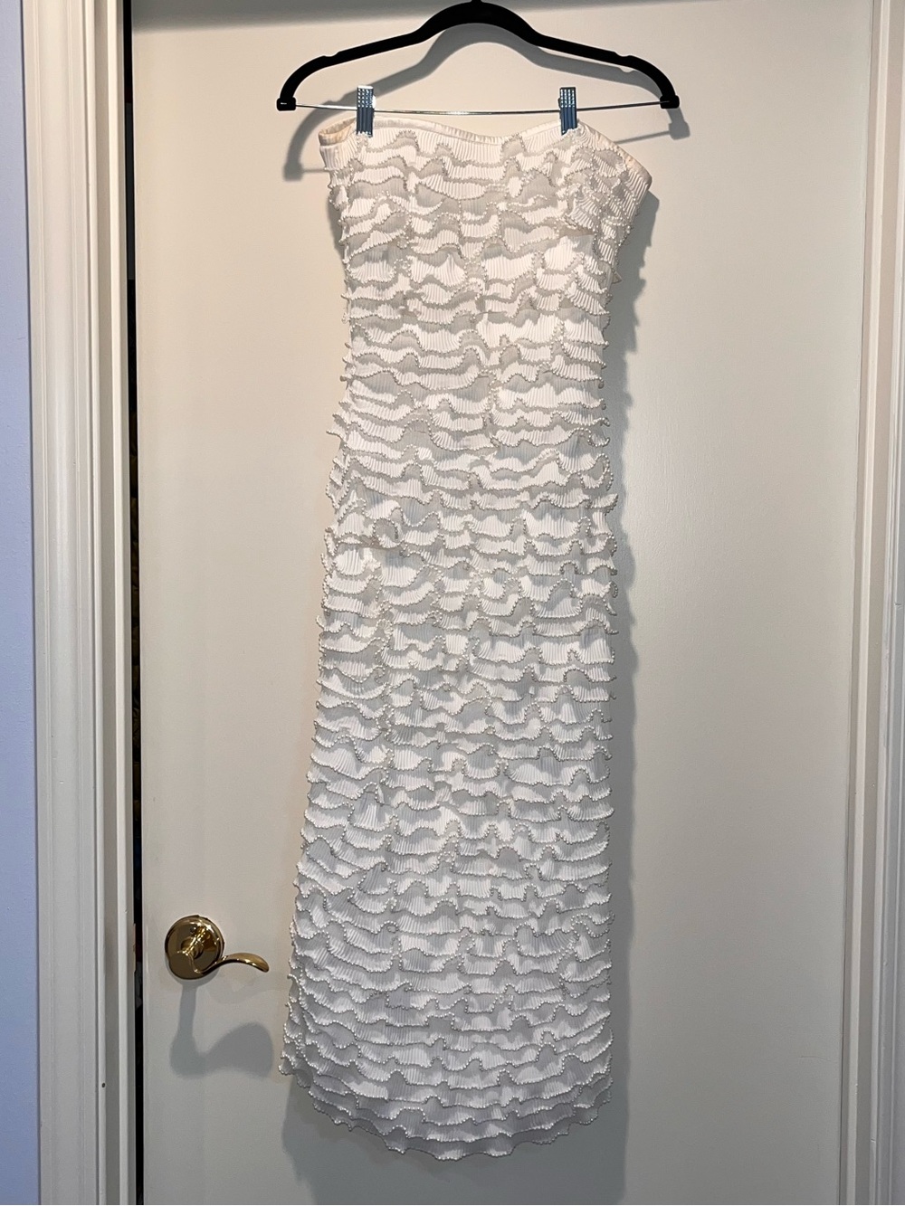 Gianni Bini White Strapless Ruffle Midi Dress with Pearl Details